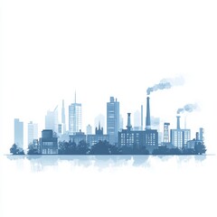 Virtual city Silhouette including university, factory and governmental house, white background, light Blue 