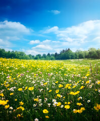 Fototapeta premium Vibrant Wildflower Meadow Under Blue Sky with White Clouds in Full Bloom : Generative AI