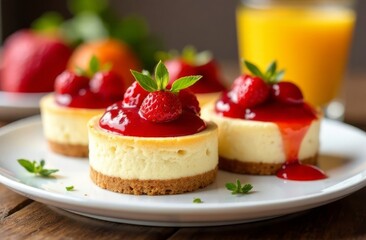Curd cheesecakes decorated with fresh strawberries and jam on a white plate on a wooden table. Healthy breakfast with cottage cheese