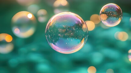 Sparkling soap bubbles float outdoors at sunset