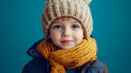 A charming child wearing a knitted hat and a bright yellow scarf, set against a vibrant blue background, This image is perfect for winter-themed marketing, children's clothing
