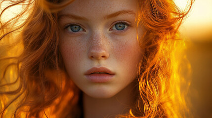 Fototapeta premium Close-up of an insanely beautiful girl with flawless porcelain skin, piercing blue eyes, and soft golden curls cascading over her shoulders, against a soft, blurred sunset backgrou