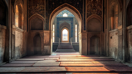 Obraz premium Historic mosque interior with traditional arches and beams exuding a timeless spirituality and sacred beauty : Generative AI
