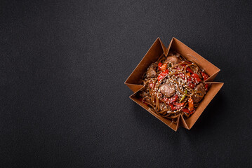 Delicious spicy Asian food soba with buckwheat noodles, beef, vegetables