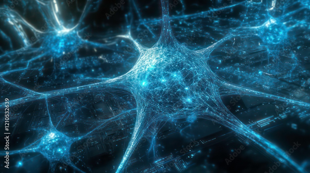 Poster microscopic view of a neuron, showcasing its intricate network of dendrites and axons.