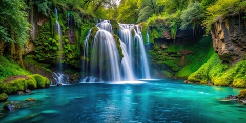 Fototapeta premium A teal-colored waterfall cascades down a moss-covered cliffside, surrounded by lush greenery, moss covered rocks, waterfall effect