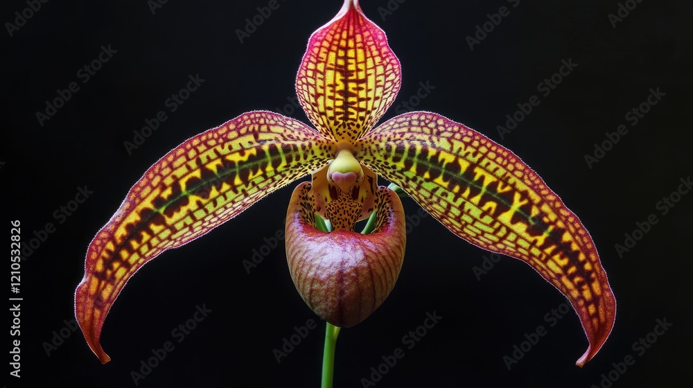 Poster a macro shot of an exotic orchid with intricate patterns and vivid colors, showcasing its unique str
