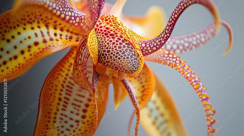 Poster a macro shot of an exotic orchid with intricate patterns and vivid colors, showcasing its unique str