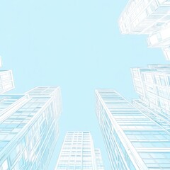 Fototapeta premium A light and airy background featuring urban building thick outlined in glowing white against a soft sky-blue backdrop