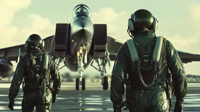 Two skilled pilots in green flight suits walk towards a state-of-the-art fighter jet, gearing up for an exhilarating flight in the open sky. Their focus and determination are palpable