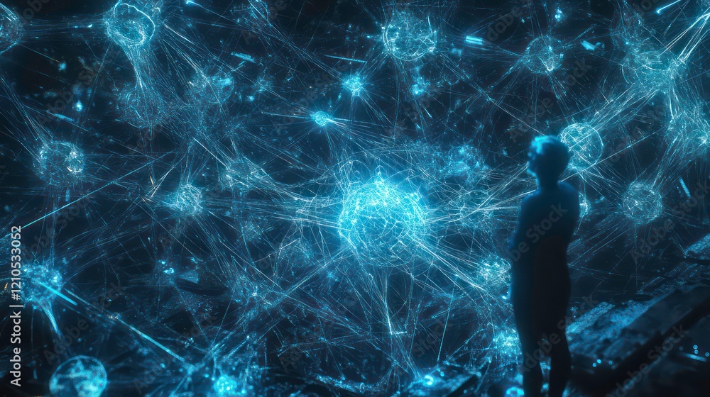 Poster silhouette of person observing a complex network of glowing nodes and lines, resembling a neural net
