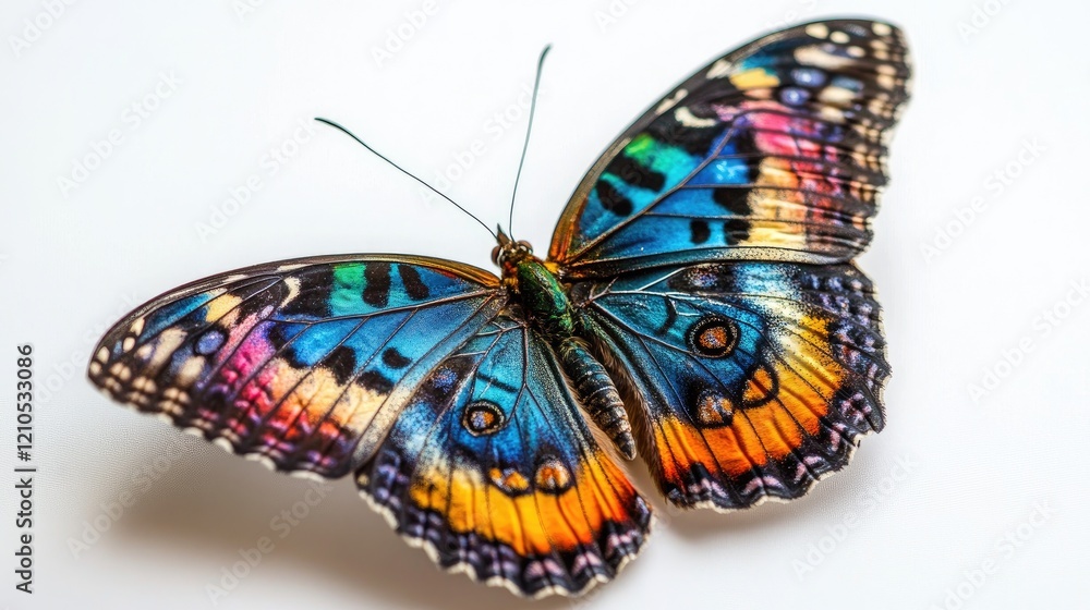 Poster a macro shot of a colorful butterfly perched on a white background, with its vibrant wings spread op
