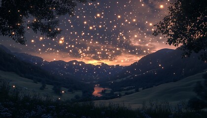 Naklejka premium A celestial digital art of glowing stars forming constellations over a serene valley captured from the perspective of lying on the ground