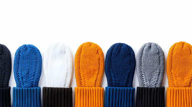 Colorful knitted socks arranged on white background, perfect for winter fashion or craft blogs