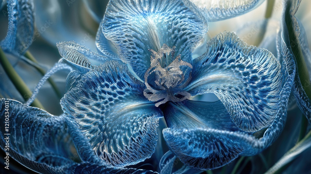Poster a macro photograph of a blue iris with intricate patterns on its petals, surrounded by delicate gree