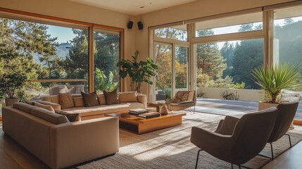 Fototapeta premium A modern living room with minimalist furniture, neutral colors, and clean lines, showcasing an open and uncluttered space with large windows.