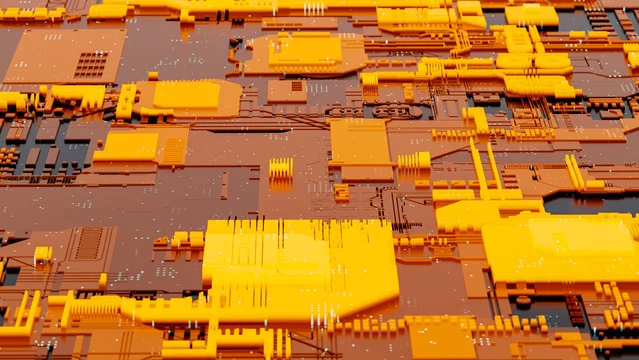 Abstract technological circuit design with orange and black colors