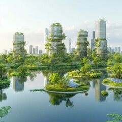 Naklejka premium 3D rendering of a green city with modern buildings and a lake in daylight, against a light blue sky and a white background