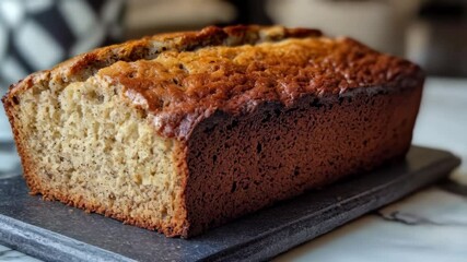 Freshly baked banana bread cooling on marble countertop in cozy kitchen setting - Powered by Adobe