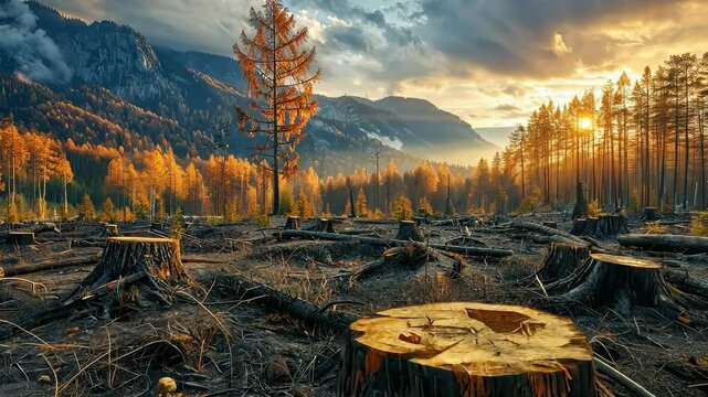 Deforestation Scene at Sunset in a Mountain Valley
