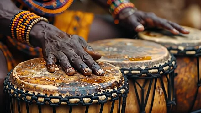 Traditional African Drumming with Colorful Beads

