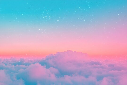 Vibrant gradient sky features blue, purple, and pink tones with scattered stars, creating a dreamy cosmic atmosphere. Perfect for design projects requiring a stylish backdrop