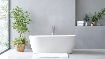 Fototapeta premium Modern white freestanding bathtub in a minimalist grey bathroom with green potted plants and natural light.