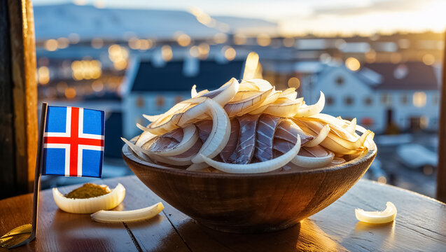 delicious Sild pickled herring with onions on a plate, traditional food Iceland