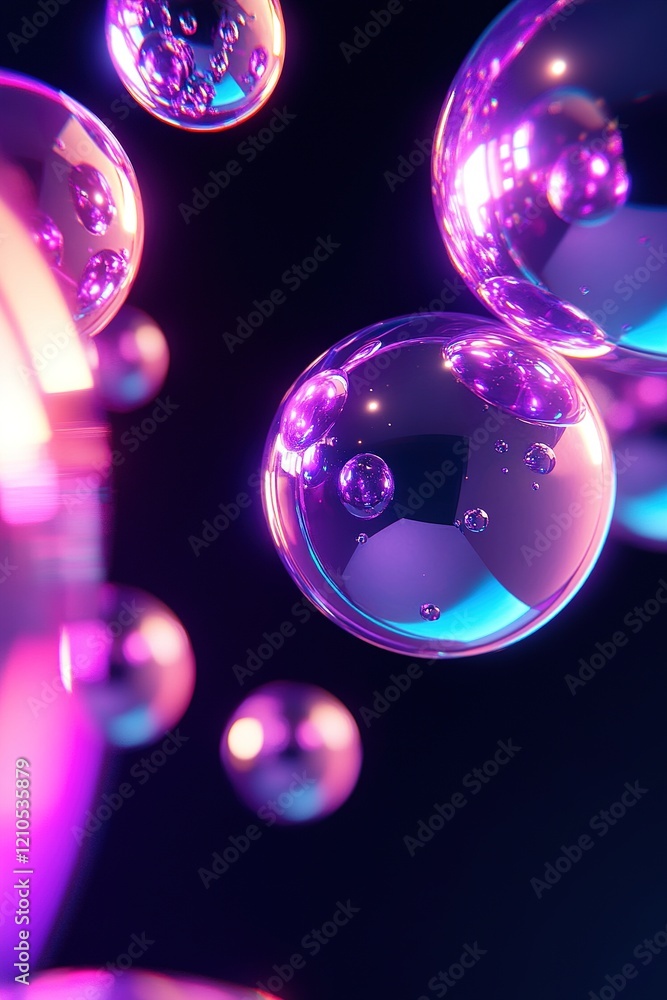 Poster this dynamic background showcases floating metallic spheres radiating neon edges in purple and aqua.
