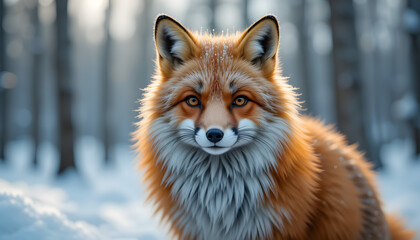 Naklejka premium Red fox in snowy forest, winter scene.