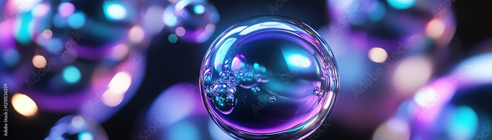 Aufkleber a collection of floating metallic spheres radiates with glowing neon edges in purple and aqua, set a