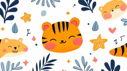 Cute tiger cubs sleeping amidst floral design; ideal for children's products