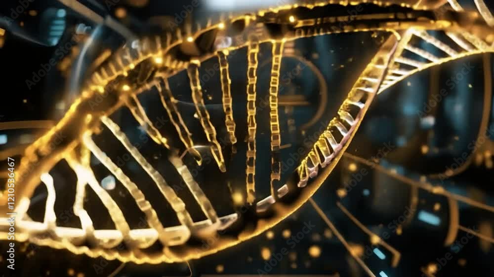 Poster golden DNA double helix structure with glowing particles on soft futuristic background
