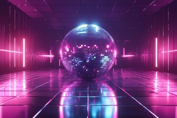 This striking visual features a giant mirror ball reflecting colorful neon lights amidst a sleek black background. The retro design provides ample space for text overlay, perfect for a product launch