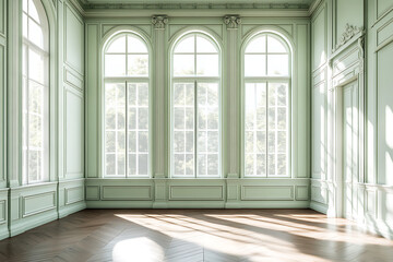 Fototapeta premium Parisian Elegance A Luxurious Mint Green Room with Sunlit Grace