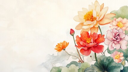 Watercolor painting of vibrant flowers, buds, and leaves on a light background.
