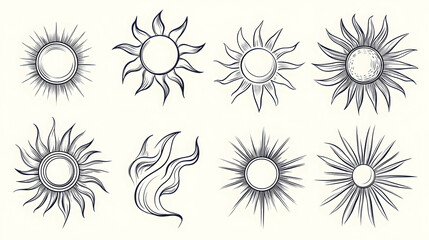 Eight sun illustrations, celestial design elements, white background, graphic design resource