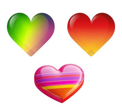 This image features a collection of five colorful heart shapes, each with a unique design