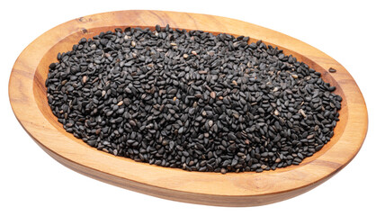 Black cumin seeds in wooden bowl on white background. File contains clipping path.