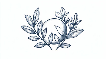 Elegant leaves encircle a sphere; minimalist botanical design for wellness or beauty brands