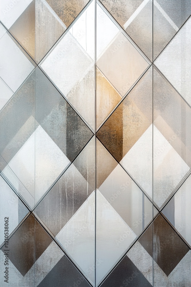 Poster this modern facade features intersecting geometric panels in muted tones of gray, beige, and white, 