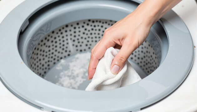 Hand placing laundry in top-loading washing machine during cleaning cycle

