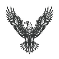 Monochrome illustration of an eagle with outstretched wings, detailed black and white vector art, majestic bird of prey, wildlife emblem  
