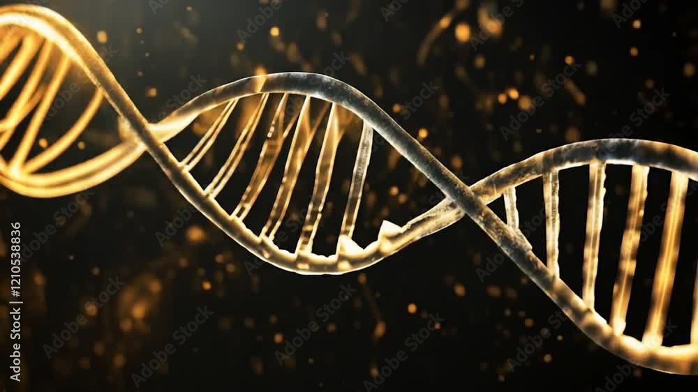Poster golden DNA double helix structure with glowing particles on a dark, futuristic background