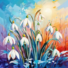 Close-up of snowdrops in the forest. Oil painting.