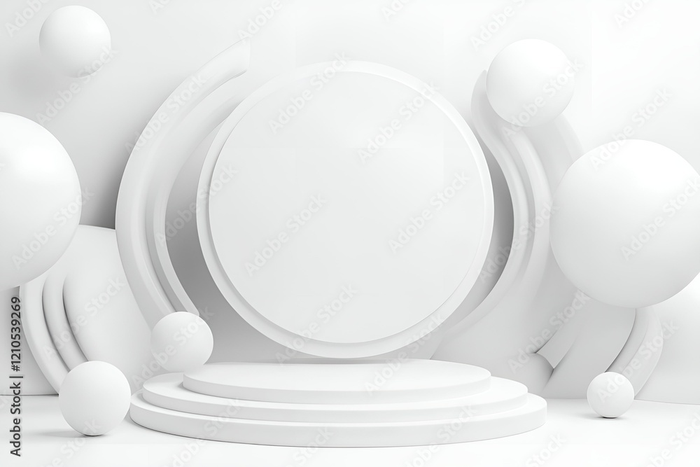 Poster abstract white geometric composition with circular shapes and layered podiums, featuring soft curves