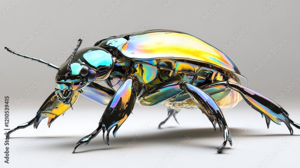Poster a single beetle on a white surface, with a focus on its shiny, iridescent shell and legs, creating a