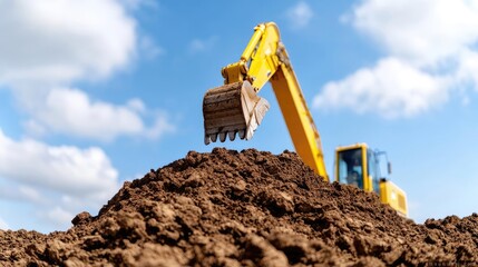 Excavator digging soil on sunny construction site.  Industrial project background image