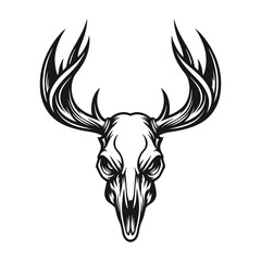 Monochrome deer skull with antlers illustration, detailed black and white vector art, rustic wildlife symbol, hunting or tribal design  
