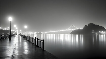 Foggy Night Walkway Bridge Cityscape